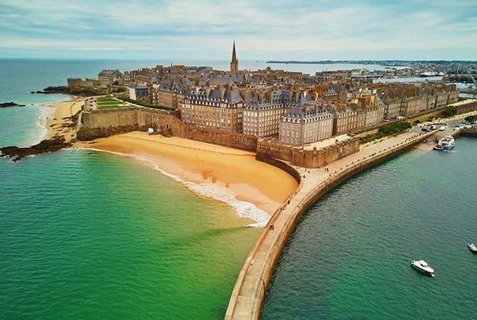 Scenic aerial drone view of Saint-Malo Intra-Muros in Brittany, France